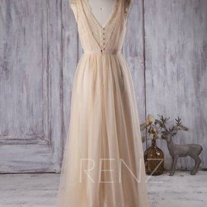 Boho Wedding Dress Champagne V Neck Tulle Bridesma